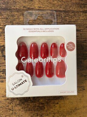 Celebritips Red Red Press On Nails Short Round Builder Gel U-LTIMATE NIB